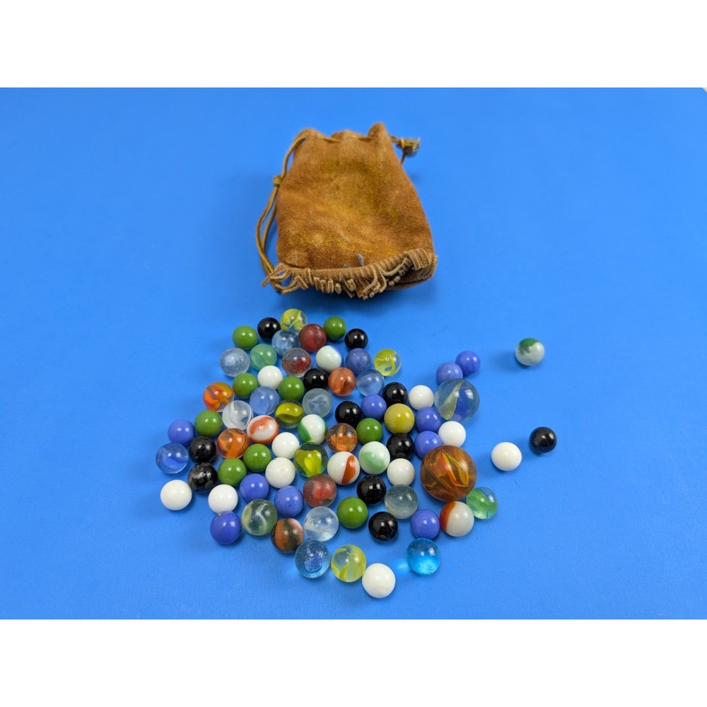Vintage Bag of 75 Old Marbles Assorted Colors with Suede Leather Pouch